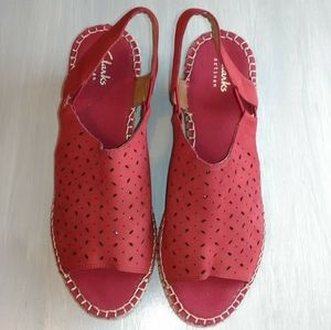 Clarks 8W Artisan Leather Espadrille Wedge Sandals